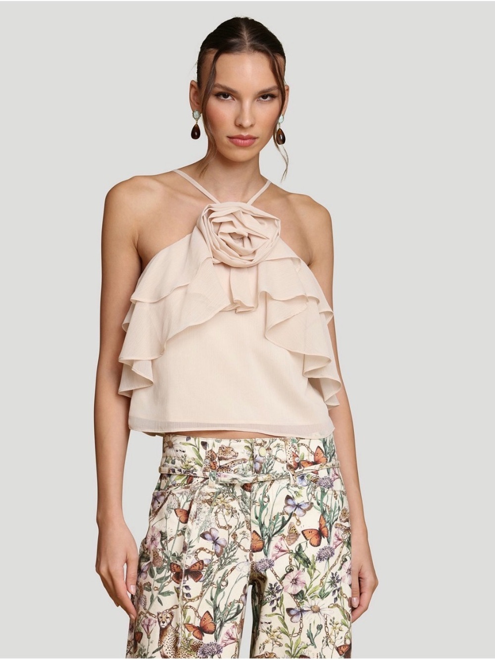Avec Les Filles Cream Ruffle Halter Camisole with Rosette